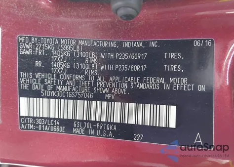 2016 Toyota Sienna Xle Premium 8 Passenger z USA, uszkodzony, nr VIN 5TDYK3DC1GS757046